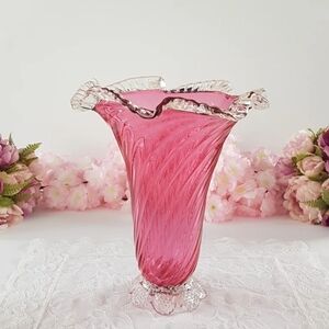 Chalet Cranberry Glass Vase, 10 inch, Mid Century Blown Glass Home Decor Gift